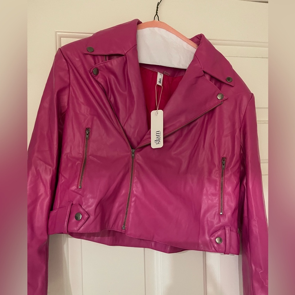 Hot Pink zip up biker like faux leather jacket